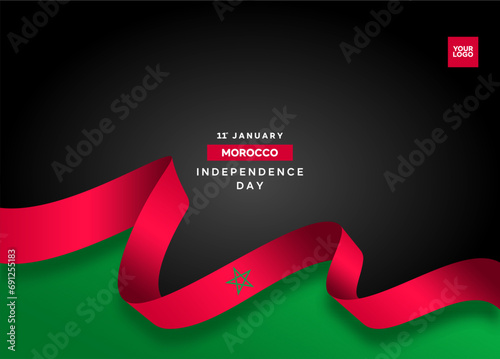 Morocco independence day curve flag background with 11st january logotype.