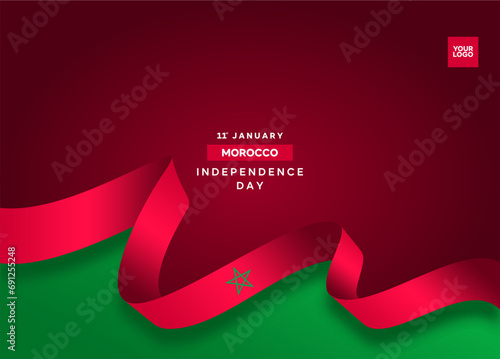 Morocco independence day curve flag background with 11st january logotype.
