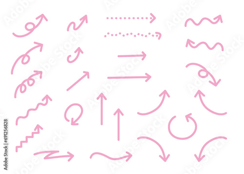 シンプルな桜色の手描き矢印素材セット