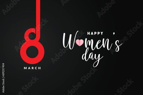 Happy womens day 8th march greeting or wishing card black color background with heart banner, poster design vector illustration