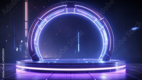 Background light podium tech 3d blue neon platform circle game effect hologram stage. Portal podium light cyber background element technology future casino ring lab teleport magic vector product glow.