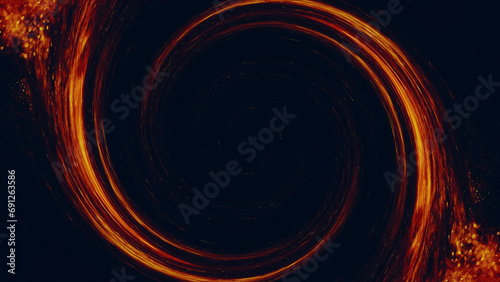 Sparks swirl. Hot frame. Flame swirl. Orange red color glowing vortex circle on dark black abstract art illustration empty space background.