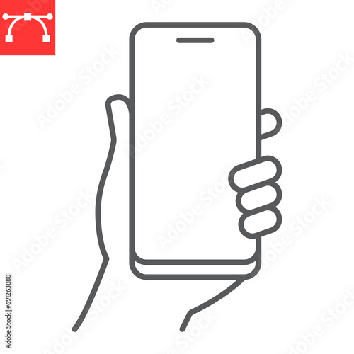 Selfie line icon, capture and photography, hand hold smartphone vector icon, vector graphics, editable stroke outline sign, eps 10.