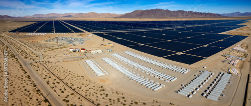 Aerial view of solar power and battery storage units in the desert