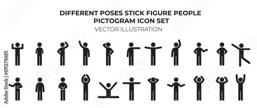 Collection of stick figures with different poses, human icon. Various Basic Standing Human Man People Body Languages Poses Postures Stick Figure Stickman Pictogram Icons Set 