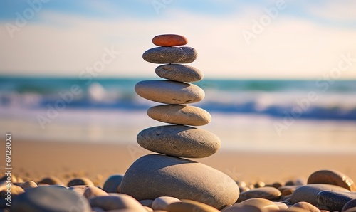 Stone tower. Balancing body, mind, soul and spirit. Mental health and well-being concept. Pebble stone on the beach. Generative AI