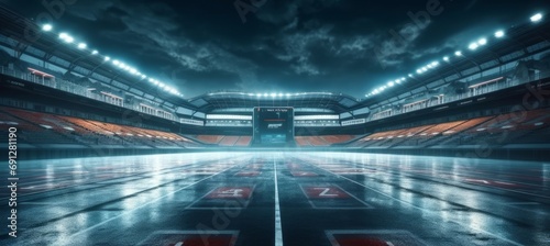 Asphalt racing track finis race sport stadium at night. Professional digital 3d illustration of racing sports. Generative AI