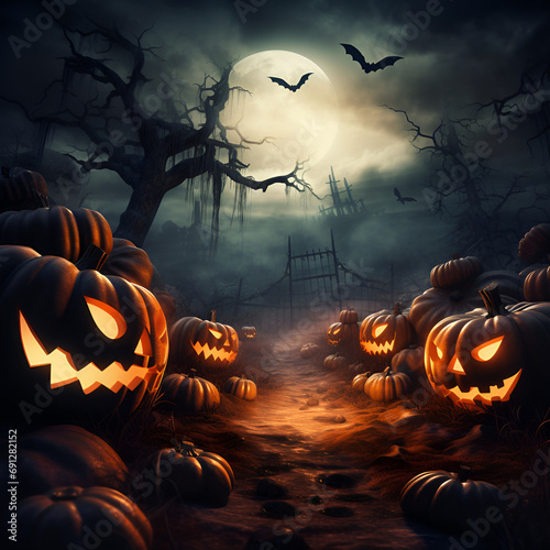 Halloween design - Forest pumpkins. Horror background with autumn valley with woods, Halloween background of Halloween pumpkins with cut out faces. Glow and spooky tree. Moon and fog, scary spooky hal