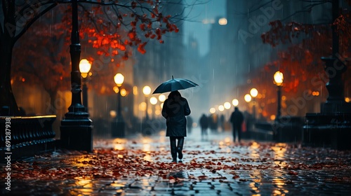 雨の日の街灯がつく歩道