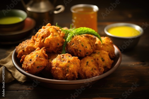 Mungdal bhajiya or yellow split gram fritters served. Chicken Pakora with sauce