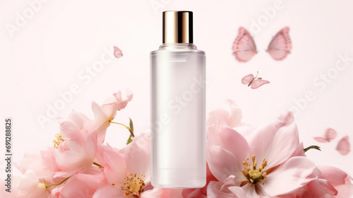 Elegance in Bloom, Pink Petals Surround a Minimal Floral Spray Glass Bottle with Gold Pump Cap.
