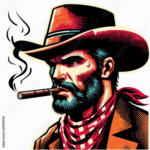 illustration of a cowboy wearing a cigar wearing a hat and a fierce expression, ai generated