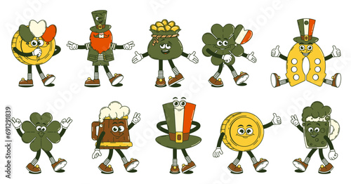 Happy Saint Patricks Day retro set characters. Funky groovy cartoon Leprechaun, coin, clover and other. Vintage funny mascot stickers psychedelic smile and emotion. Comic trendy vector illustration