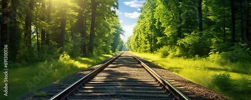 Cargo train tracks immersed in a lush, green forest echo the historical legacy of transportation. AI Generative.