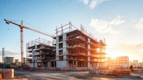 Construction background: A Construction site of large residential commercial building, some already built, large metal structure with bright sky background.