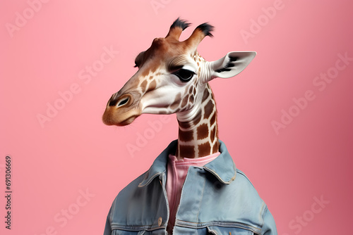 anthropomorphic giraffe in a denim stylish jacket isolated on a pink background, wild animal person in human clothes