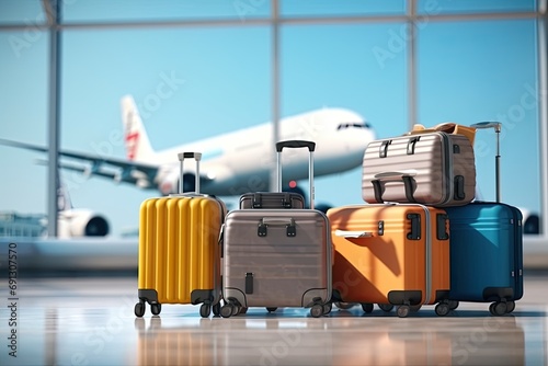 Airport journey. Spacious terminal with travelers luggage and bags departure and arrival. Scene captures bustling of air travel showcasing passengers suitcases and backpacks on airport floor