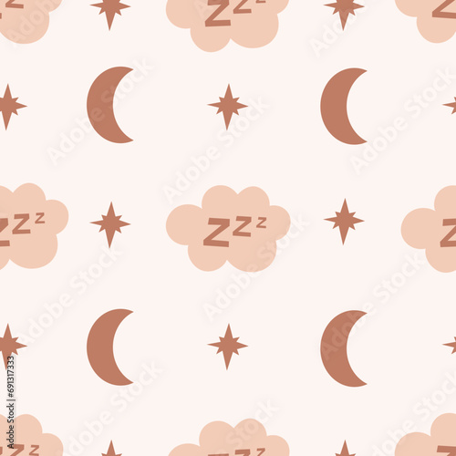 Sleep slumber night seamless pattern. Pastel colored beige endless background with crescent, star, cloud, zzz lettering. Repeat vector illustration.