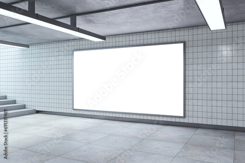 Modern underground passage with empty mock up billboard, ceiling lamps and stairs. Subway tile wall. 3D Rendering.