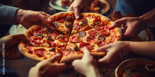 "Flavorsome moments—friends and pizza unite at home, crafting a symphony of joy where each slice is a note of happiness." 