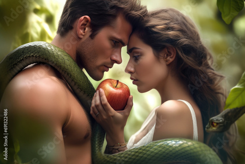 A contemporary interpretation of Adam and Eve with an apple and a serpent.