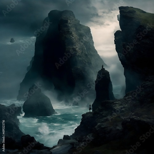 Amidst a craggy landscape of towering cliffs and churning seas, a solitary figure cloaked in a garment adorned with intricate Viking designs stands on a precipice. Before them, the restless ocean stre