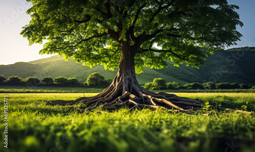 Majestic solitary tree standing tall with intricate root system and lush green canopy in a serene meadow, illuminated by soft backlight