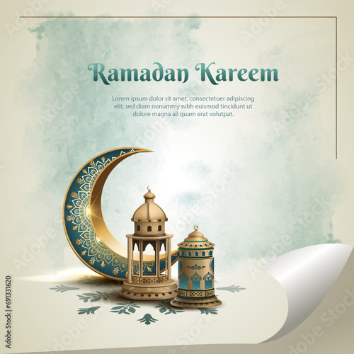 islamic greetings ramadan kareem card design with crescent moon and gold lanterns