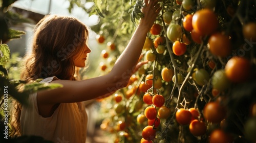 Pick fresh organic tomatoes. Happily with a wide angle lens in a greenhouse