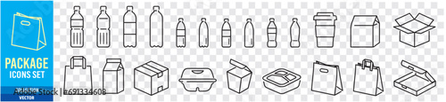 Packages, Mockups, Fast food, Handle bags, Paper bags, Cup, Editable stroke Linear icon collection Vector illustration 