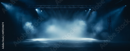 Empty stage with spotlights and smoke banner background with copy space