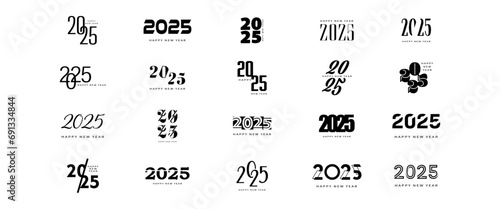 Big set of 2025 new year logo text design.