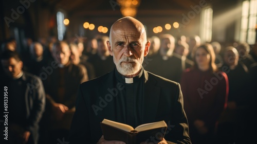 A pastor holds a Bible in his hand during a sermon. The Prophet gave a speech. Senior monk standing with Bibel