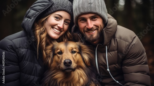 Happy couple with hasky dog at forest nature park in winter