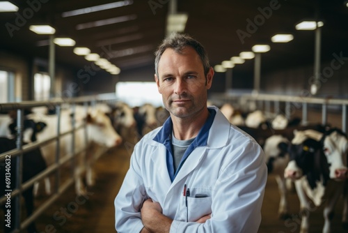 Veterinarian holds a syringe with vaccine on the background of a dairy cow in a cow barn.