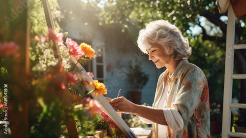 A woman in her 70s paints a landscape scene on a canvas in her backyard