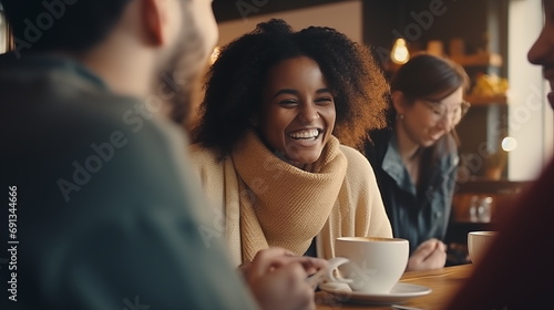 Cheerful african american woman drinking coffee in cafe with friends