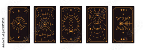 Tarot designs set. Esoteric occult card backgrounds, reverse back view. Magic spiritual celestial symbols. Sacred sun, star, crescent. Flat graphic vector illustrations isolated on white background