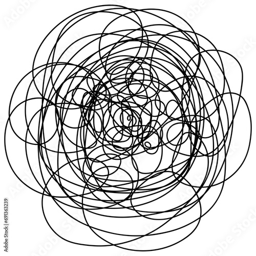 Curly ball of astrakhan fur. Sketch. Chaotic squiggles. Black and white vector illustration. Hand drawing. A tangled ball. Outline on isolated background. Idea for web design.