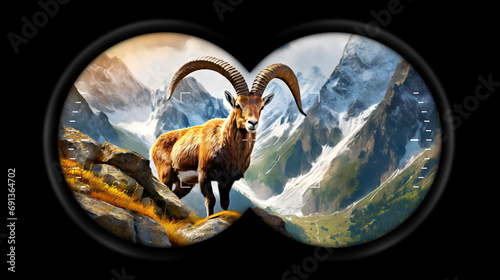 Binoculars point of view with a beautiful male alpine ibex with large horns in mountain, standing on some rocks, in the background a valley with forests and snow-capped peaks. Capra Ibex.