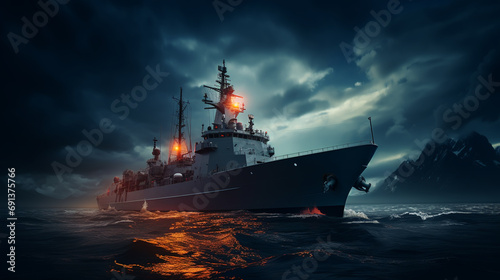 War concept. Night battle scene at sea. Silhouette of the battle ship in night.