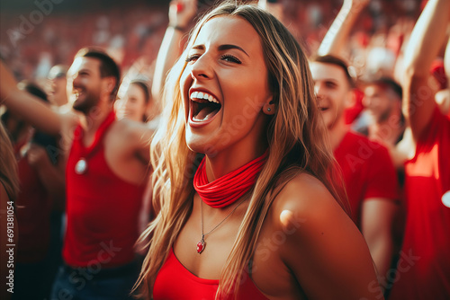 Happy girl fan at a football stadium screams and rejoices at the victory of her team