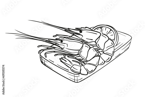 Shrimps with lemon on wooden plate. Hand drawn illustration.