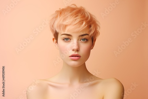 Portrait of a young beautiful woman with a short hairstyle, peach fuzz color.