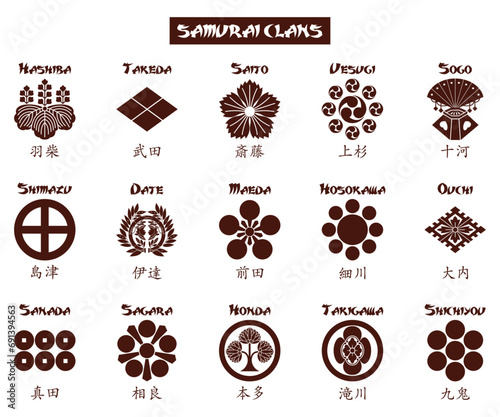 japanese kamon crests of samurai clans on white background