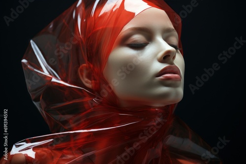 Stunning Woman in Red Transparent Latex Headscarf