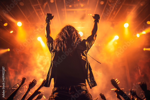 Rock singer on the concert. Male's silhouette illuminated by stage lights at a rock concert.