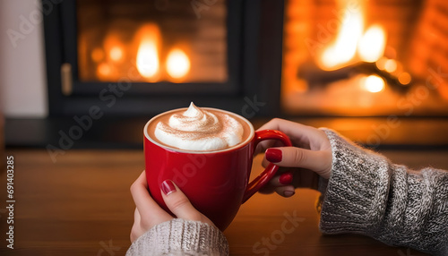 cup of hot chocolate or coffee near Christmas fireplace. Woman enjoying by warm fire in winter season with a cup of hot drink. Winter, Christmas holidays concept created with generative ai