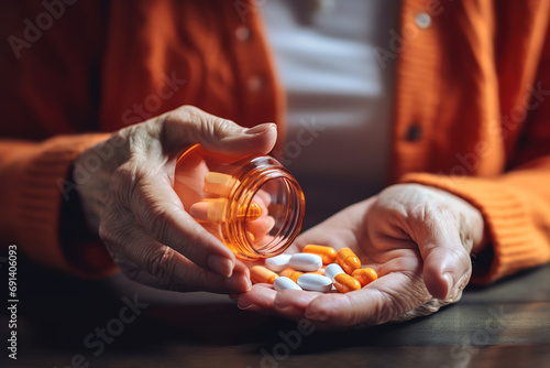 Close up of elderly sick ill woman hands pouring capsules from medication bottle, taking painkiller supplement medicine. Pharmaceutical healthcare treatment concept.