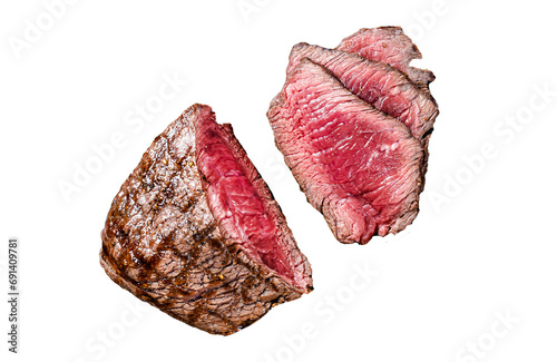 Grilled Rump sirloin steak sliced on a tray with herbs. Transparent background. Isolated
